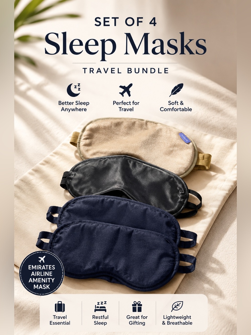 Set of 4 Sleep Eye Masks | Includes Emirates Airline Amenity Mask |Travel Bundle